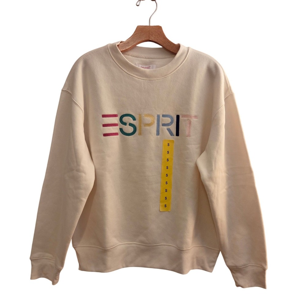 Esprit Multi Color Embroidered Logo Sweatshirt Cream Pullover Sz S *Fast Ship!*